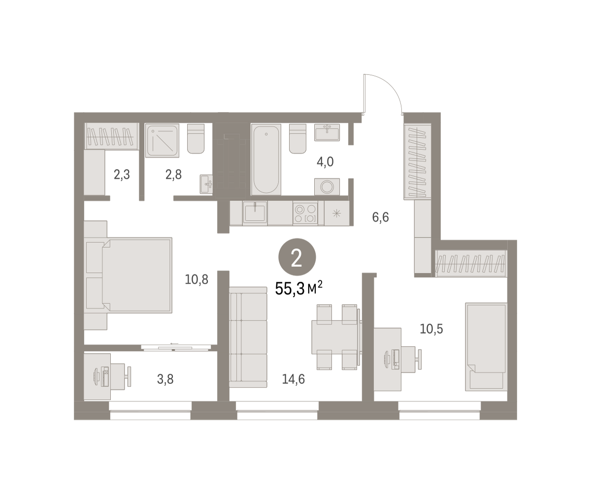 2-комнатная квартира №214, 55,3 м² за 10,97 млн руб. в ЖК «Первый квартал» - планировка