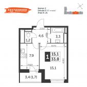 1-комнатная квартира 33,8 м²