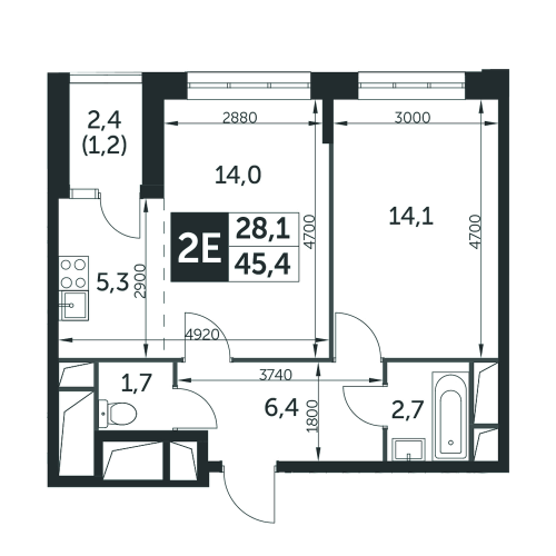 2-комнатная, квартира, 45.4 м²
