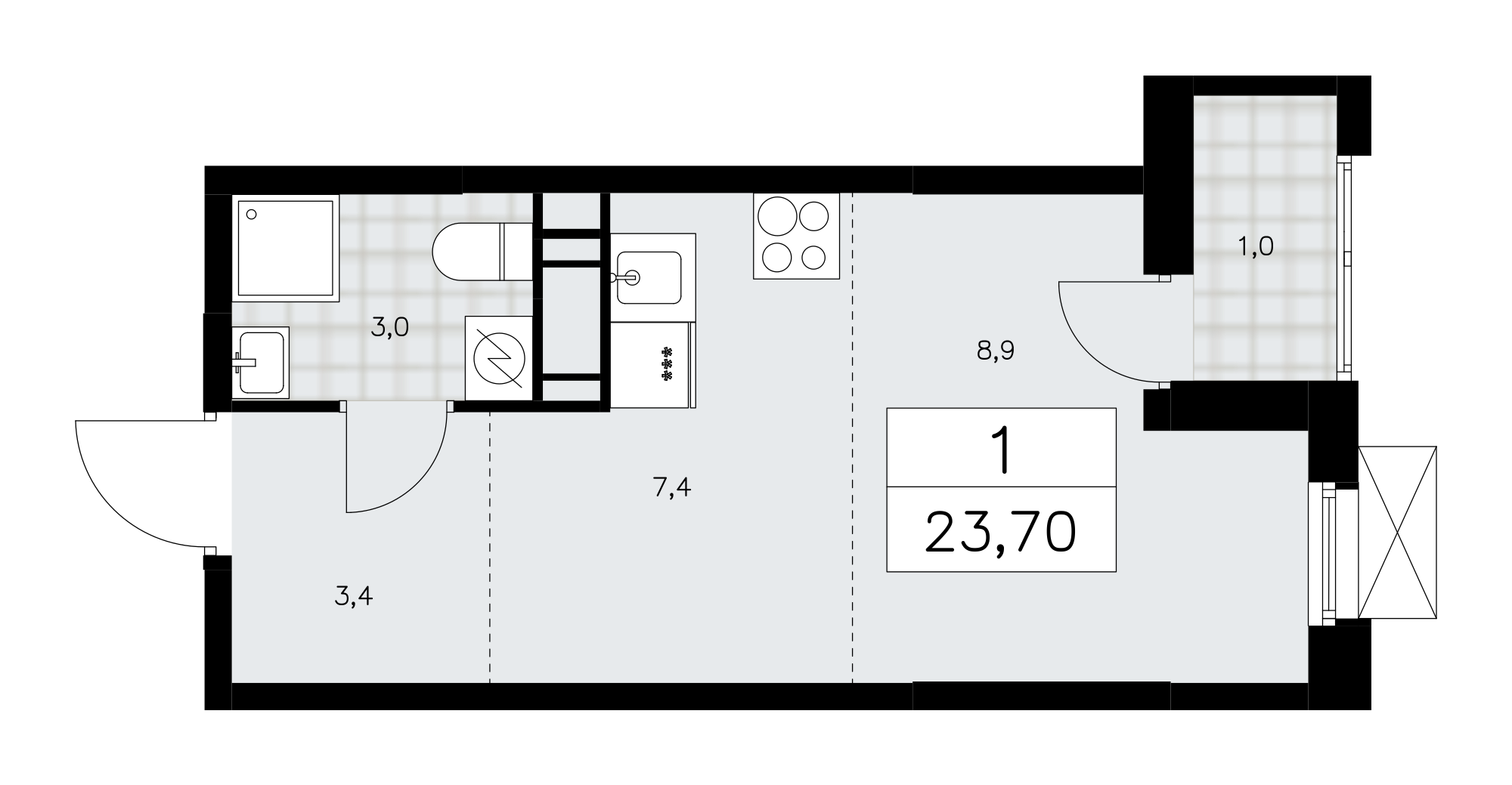 1-комнатная квартира №24К-28.3-535, 23,7 м² за 9,59 млн руб. в ЖК «Скандинавия» - планировка