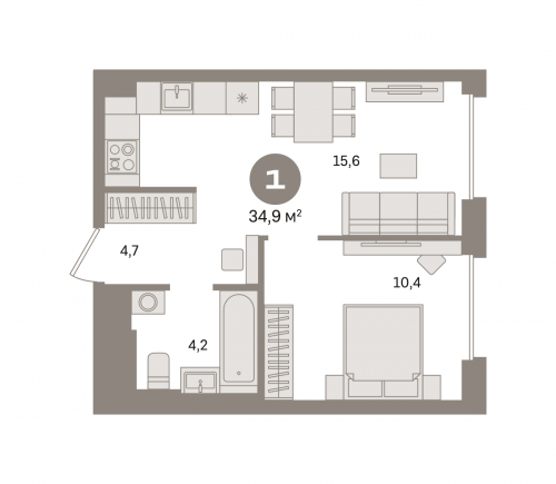 1-комнатная, квартира, 34.88 м²