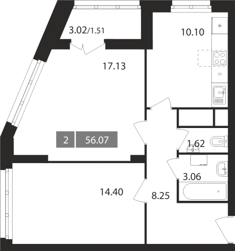 2-комнатная, квартира, 56.07 м²