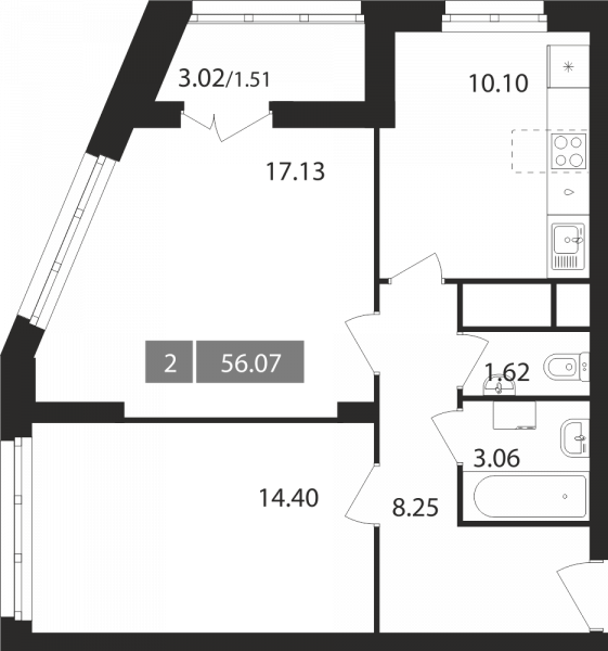 2 комнаты до 56.07
