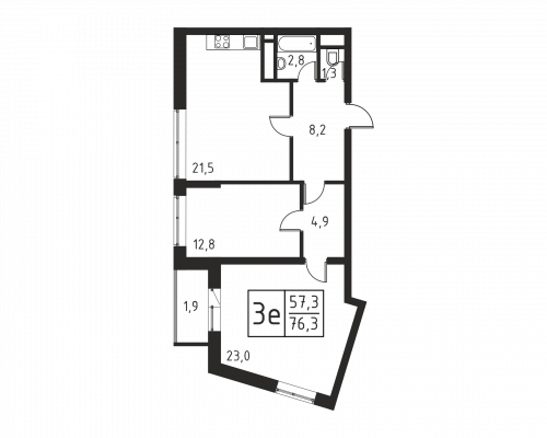 3-комнатная, квартира, 76.3 м²