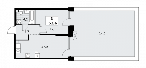 1-комнатная, 53.6 м²