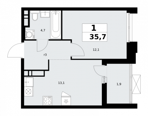 1-комнатная, 35.7 м²