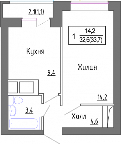 1-комнатная, 31.85 м²