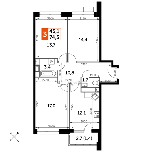 3-комнатная, 74.5 м²