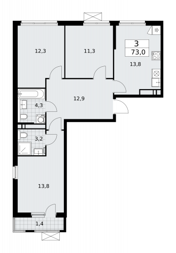 3-комнатная, 73 м²