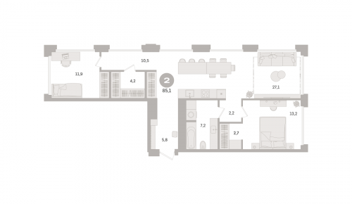 2-комнатная, квартира, 85.1 м²