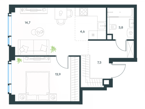 2-комнатная, 44.3 м²