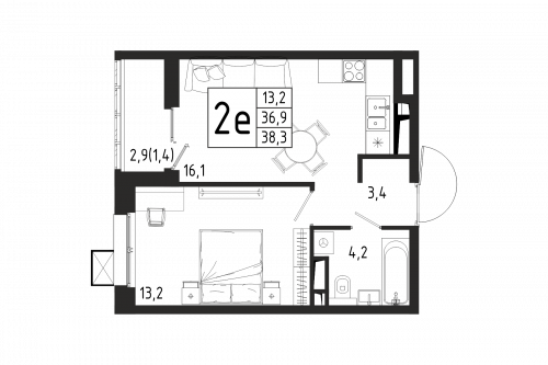 1-комнатная, квартира, 38.3 м²