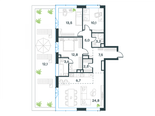 Многокомнатная, 100.9 м²