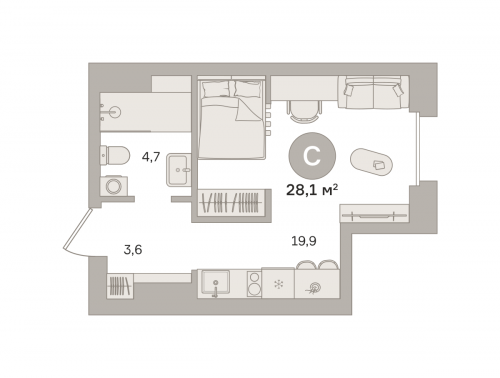 Студия, 27.64 м²