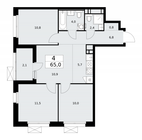 Многокомнатная, 65 м²