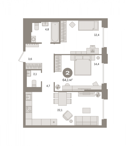2-комнатная, квартира, 64.1 м²