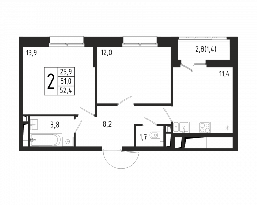 2-комнатная, квартира, 52.4 м²