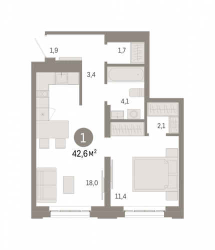 1-комнатная, квартира, 42.6 м²