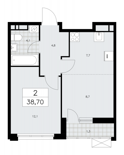 2-комнатная, 38.7 м²