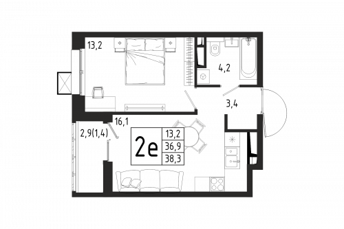 1-комнатная, квартира, 38.3 м²