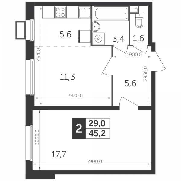 2 комнаты до 44.8