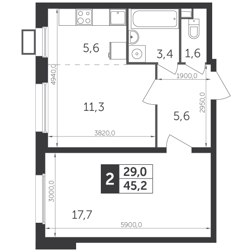 2-комнатная, квартира, 44.8 м²
