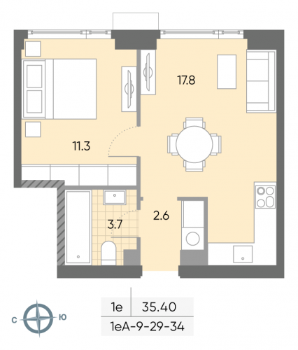 1-комнатная, квартира, 35.4 м²