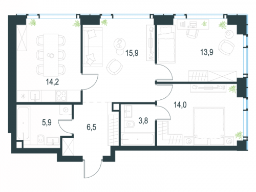 3-комнатная, 74.2 м²