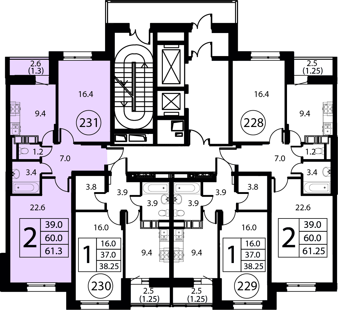 2-комнатная квартира №231, 61,3 м² за 9,99 млн руб. в ЖК «Космос» - планировка