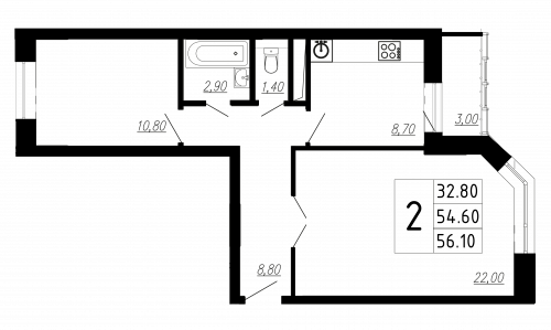 2-комнатная, квартира, 56 м²