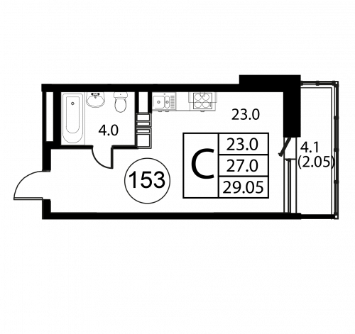 Студия, 29.05 м²