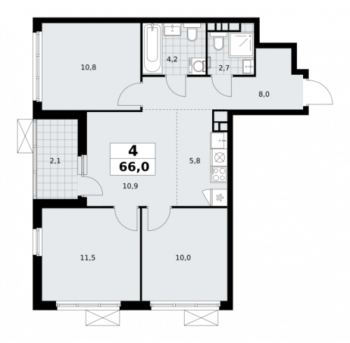 Многокомнатная, 66 м²