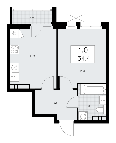 1-комнатная, 34.4 м²