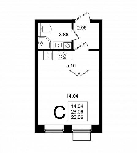 Студия, 26.06 м²
