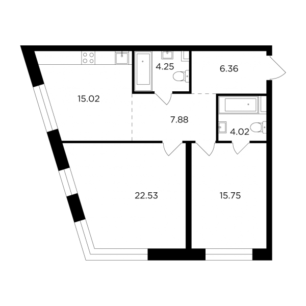 2 комнаты до 75.81