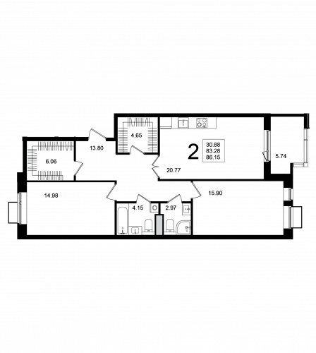 2-комнатная, квартира, 86.15 м²