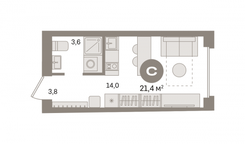 Студия, 21.42 м²