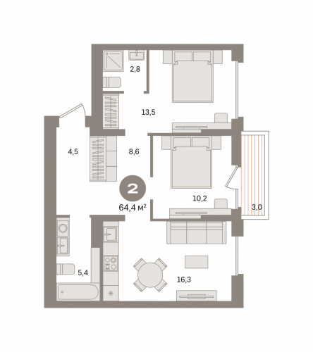2-комнатная, квартира, 64.37 м²