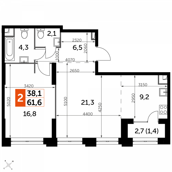 2 комнаты до 61.6