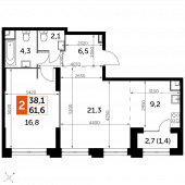 2-комнатная квартира 61,6 м²