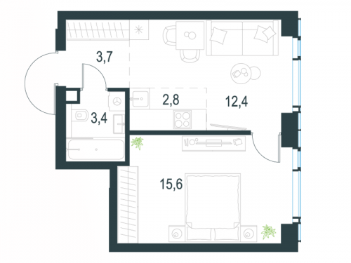 2-комнатная, 37.9 м²