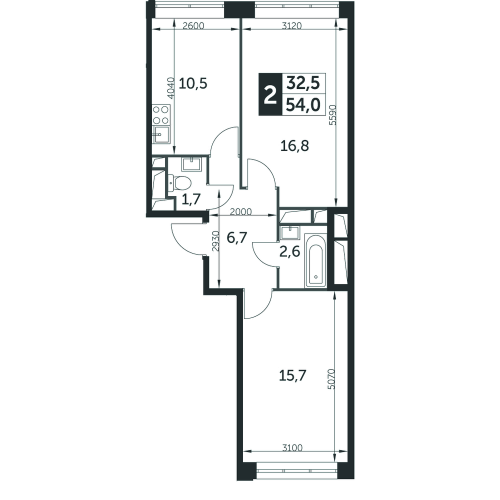 2-комнатная, квартира, 54 м²