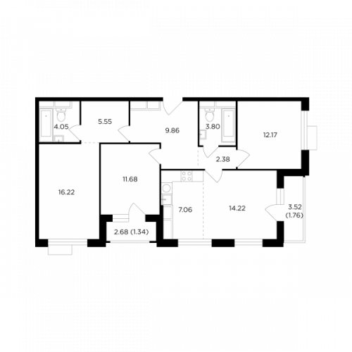 Многокомнатная, квартира, 90.09 м²