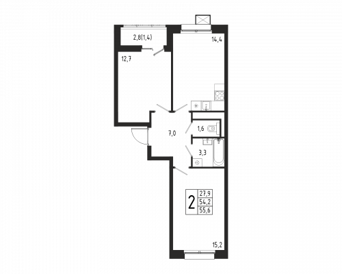 2-комнатная, квартира, 55.6 м²