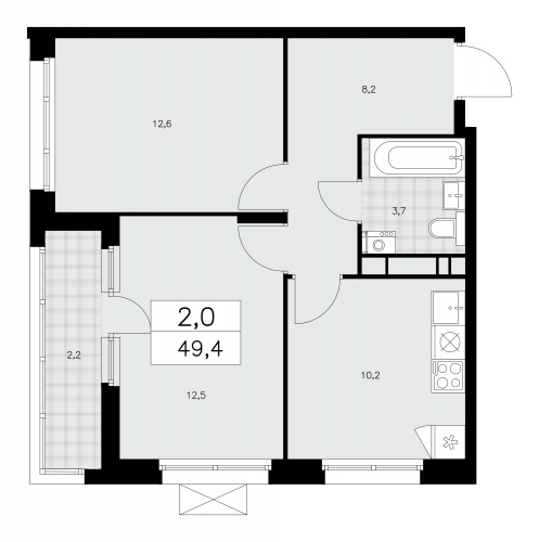 2-комнатная, 49.4 м²