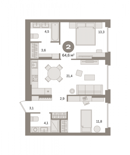 2-комнатная, квартира, 64.64 м²