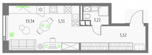 Студия, 33.39 м²