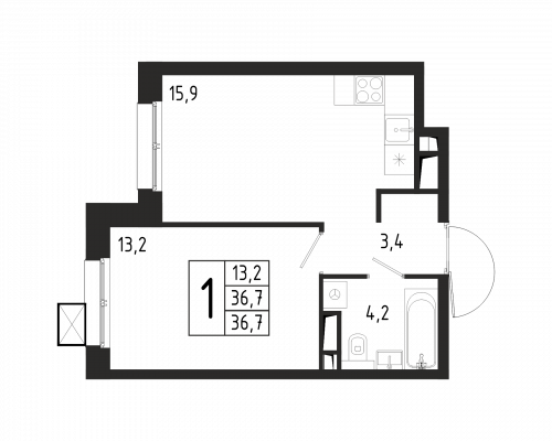 1-комнатная, квартира, 36.7 м²