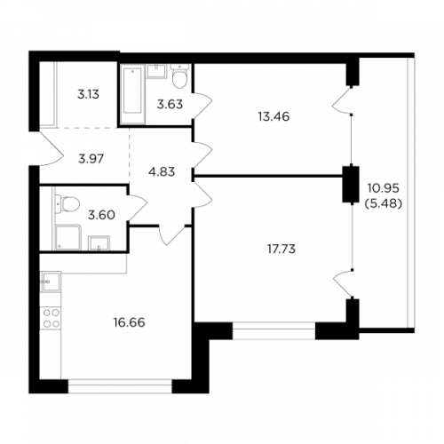 2-комнатная, 72.49 м²