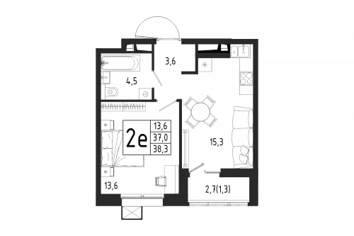1-комнатная, квартира, 38.3 м²